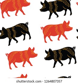 chine pig animal vintage seamless vector pattern