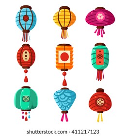 Chineese Lanters Decoration Colorful Fun Set Of Different Shape Objects Flat Vector Design