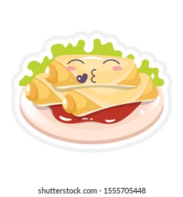 Chineese spring rolls cute kawaii vector character. Asian food with kissing face. Eastern traditional cuisine. Chineese dish with vegetables. Funny emoji, emoticon. Isolated cartoon color illustration
