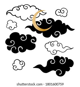 Chines clouds and golden full moon in asian, oriental style. Mid autumn festival. Flat and outline.