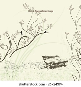 chines flowers with bench abstract design