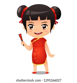 Chines girl in red traditional uniform vector cartoon