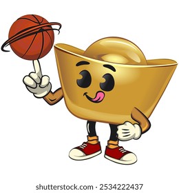 chines Imperial golden ingot gold money isolated vector cartoon illustration spin the basketball with the index finger, work of hand drawn