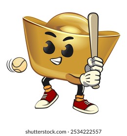 chines Imperial golden ingot gold money isolated vector cartoon illustration playing baseball ready to hit the ball with the bat, work of hand drawn