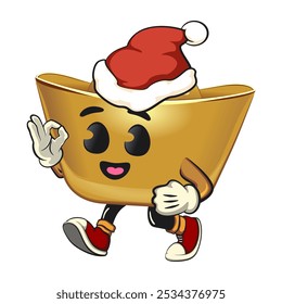 chines Imperial golden ingot gold money isolated vector cartoon illustration walking while wearing a Santa hat calmly, work of hand drawn