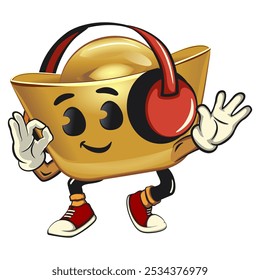 chines Imperial golden ingot gold money isolated vector cartoon illustration listening to headset while dancing, work of hand drawn