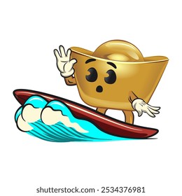 chines Imperial golden ingot gold money isolated vector cartoon illustration surfing happily, work of hand drawn