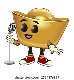 chines Imperial golden ingot gold money isolated vector cartoon illustration in front of the mic become a stand up comedian, work of hand drawn