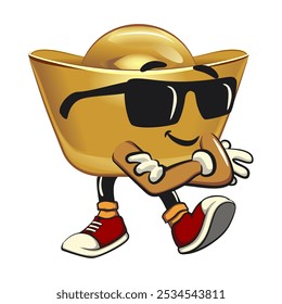 chines Imperial golden ingot gold money isolated vector cartoon illustration cool sunglasses, work of hand drawn