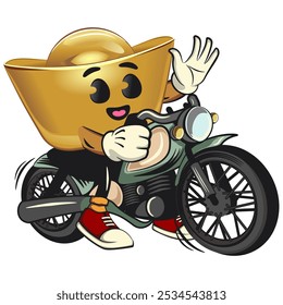 chines Imperial golden ingot gold money isolated vector cartoon illustration riding a big motorcycle, work of hand drawn