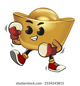 chines Imperial golden ingot gold money isolated vector cartoon illustration practicing boxing wearing boxing glove, work of hand drawn