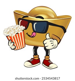 chines Imperial golden ingot gold money isolated vector cartoon illustration brought a bucket of popcorn with wearing 3d glasses, work of hand drawn