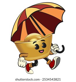 chines Imperial golden ingot gold money isolated vector cartoon illustration walking with an umbrella, work of hand drawn