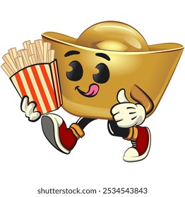 chines Imperial golden ingot gold money isolated vector cartoon illustration brought a box of french fries, work of hand drawn