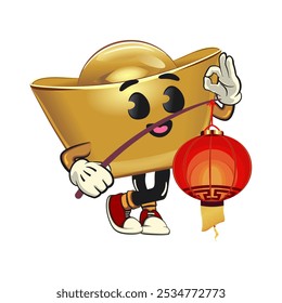 chines Imperial golden ingot gold money isolated vector cartoon illustration carrying a traditional chinese lantern, work of hand drawn