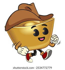 chines Imperial golden ingot gold money isolated vector cartoon illustration wearing a cowboy hat walking calmly, work of hand drawn