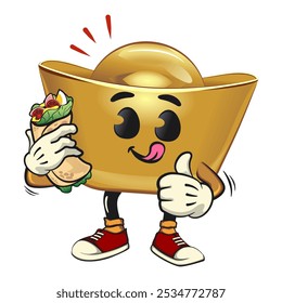 chines Imperial golden ingot gold money isolated vector cartoon illustration carrying a burritos while giving a thumbs up, work of hand drawn