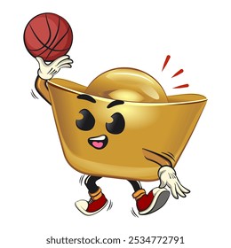 chines Imperial golden ingot gold money isolated vector cartoon illustration playing basketbal, work of hand drawn