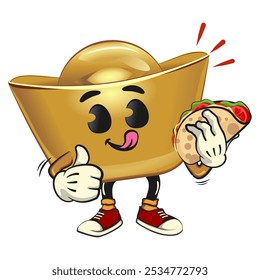 chines Imperial golden ingot gold money isolated vector cartoon illustration carrying a taco while giving a thumbs up, work of hand drawn