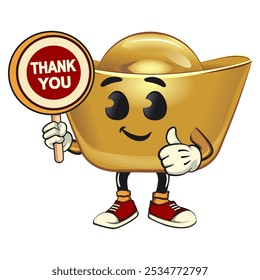 chines Imperial golden ingot gold money isolated vector cartoon illustration carrying a sign saying thank you, work of hand drawn