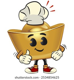 chines Imperial golden ingot gold money isolated vector cartoon illustration wearing chef hat and give thumbs up, work of hand drawn