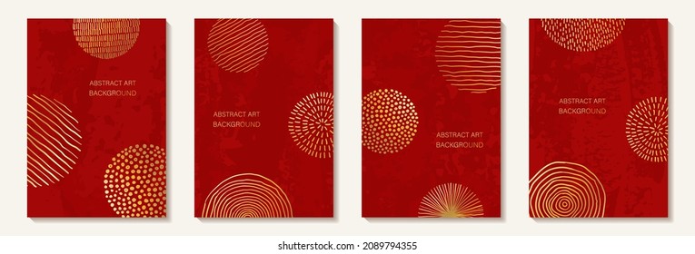 Chines new year poster. red background with gold doodle scribble circle. design happy holidays greeting card and invitation of chines happy new year