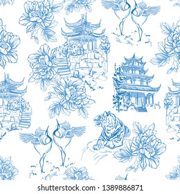 Chines pattern. The elements in this pattern are Pagodas, Flowers, Tiger and Cranes.