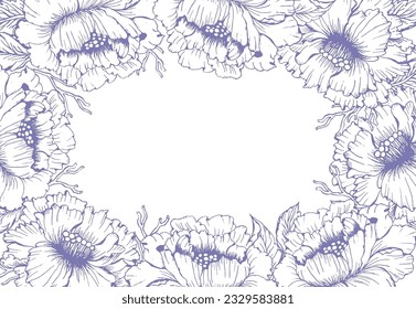 Chines peonies flower banner frame for design card or invitation Floral ink hand drawn design. Chines peon with leaves for card or invite