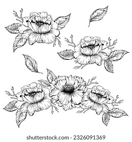 Chines peonies flower wreath frame for design card or invitation Floral ink hand drawn design. Chines peon with leaves 