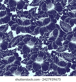 Chines peonies silhouette flower with leaves background, hand drawn navy blue floral elements for surface design. Vector seamless pattern for textile, fabric, wallpaper, scrapbook.