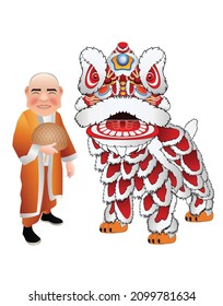 Chines smile monk and lion dance graphic vector