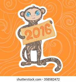 Chinese 2016 New Year Creative sticker with cute Monkey. Vector stiker with monkey holding a tablet with 2016. Cute stiker on orange background with curves.