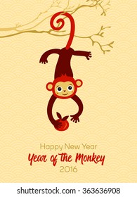 Chinese 2016 New Year Greeting card template with cute Monkey with Peach. Vector illustration. Traditional wave pattern background. New Year greetings sample text. Editable