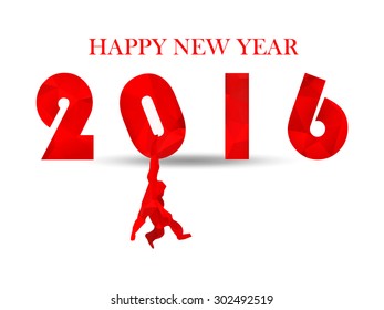 Chinese 2016 Year of the Red Monkey. Triangle numbers with hanging monkey's silhouette. blessing red text Happy new year.
for calendar, invitation, post cards, congratulation. business mail.