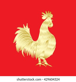 Chinese 2017 new year of the Rooster symbol. Gold metallic rooster on red background is looking at right. Hand drawing doodle with gradients. Chinese calendar Zodiac. Rooster golden silhouette.