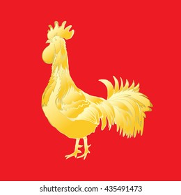 Chinese 2017 new year of the Rooster symbol. Gold metallic rooster on red background is looking at left. Hand drawing doodle with gradients. Chinese calendar Zodiac. Rooster golden silhouette.