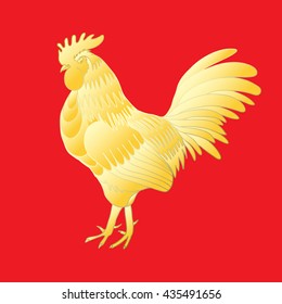 Chinese 2017 new year of the Rooster symbol. Gold metallic rooster on red background is looking at left. Hand drawing doodle with gradients. Chinese calendar Zodiac. Rooster golden silhouette.