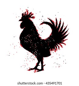 Chinese 2017 new year of the Rooster symbol. Red and black paint color brush roosters silhouette. Imitation of hand drawing or painting of rooster with Chinese calligraphy Inksticks or India ink. 