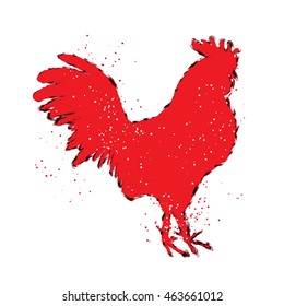 Chinese 2017 new year of the Rooster symbol. Red and black paint color brush roosters silhouette. Imitation of hand drawing or painting of rooster with Chinese calligraphy Inksticks or India ink. 