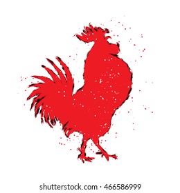 Chinese 2017 new year of the Rooster symbol. Red and black paint color brush roosters silhouette. Imitation of hand drawing or painting of rooster with Chinese calligraphy Inksticks or India ink. 