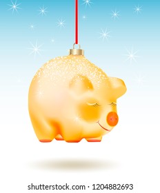 Chinese 2019 Happy New Year of a yellow pig. Realistic Christmas Bauble on red ribbon isolated on light blue background with stars or snowflakes.