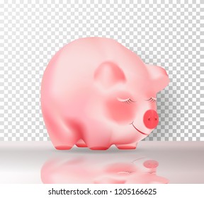 Chinese 2019 Happy New Year symbol. Realistic Cute pink pig on transparent background with shadow and reflection. Vector illustration