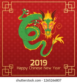 Chinese 2019 New Year banner or card with traditional dragon character. Vector illustration on red ornament background. Square composition.