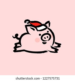 Chinese 2019 New Year greeting card with cute pig in Santa hat on pink background