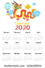 Chinese 2020 calendar flat template. Asian fantasy dragon isolated on white background. Eastern wall poster, calender creative page layout and cartoon magic japanese character. Month planner design