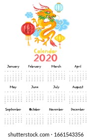 Chinese 2020 calendar flat template. Orange oriental dragon and paper lanterns isolated on white background. Wall poster, calender page with cartoon legendary creature character. Month planner design