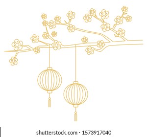 Chinese 2021 new year card background with lamps and branch. 