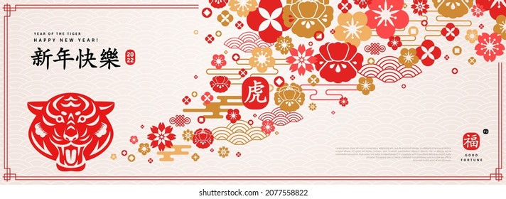 Chinese 2022 Banner with Square Frame. Vector illustration. Zodiac Sign Tiger with Flowers on Bright Background. Hieroglyph Translation: Tiger, Happy New Year. Flyer, Voucher, Invitation Design