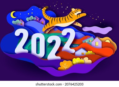 Chinese 2022 New Year of the Tiger greeting card illustration. 2022 papercut number and jumping tiger with scenic landscape. 3D paper cut craft. Vector illustration