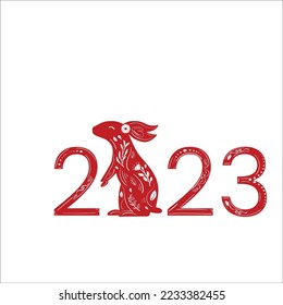Chinese 2023 New Year Numeric. Zodiac Red Rabbit with White Floral Ornament